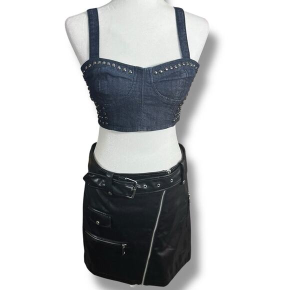 Forever 21 Studded Denim Crop Top Bustier Style Zip Back Size M Rocker Edgy Punk - Picture 5 of 6